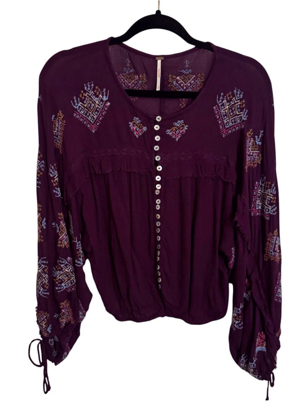 Free People X-Small Sweet Emotions Top Purple Blouse Boho Embroidered Floral